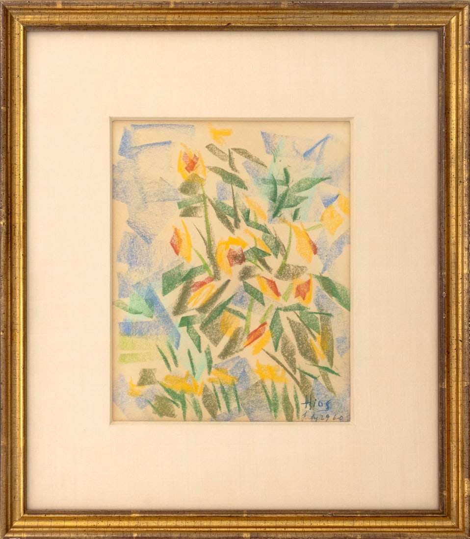 Theo Hios Abstract Composition Pastel, 1960: Theo Hios (American, born Greece, 1908-1999), Abstract Composition, Pastel on Paper, 1960, signed and dated lower right, giltwood frame. Image: 8.5" H x 6.75" W; frame: 15.5" H x 13.5" W x 1.25" D. Pr
