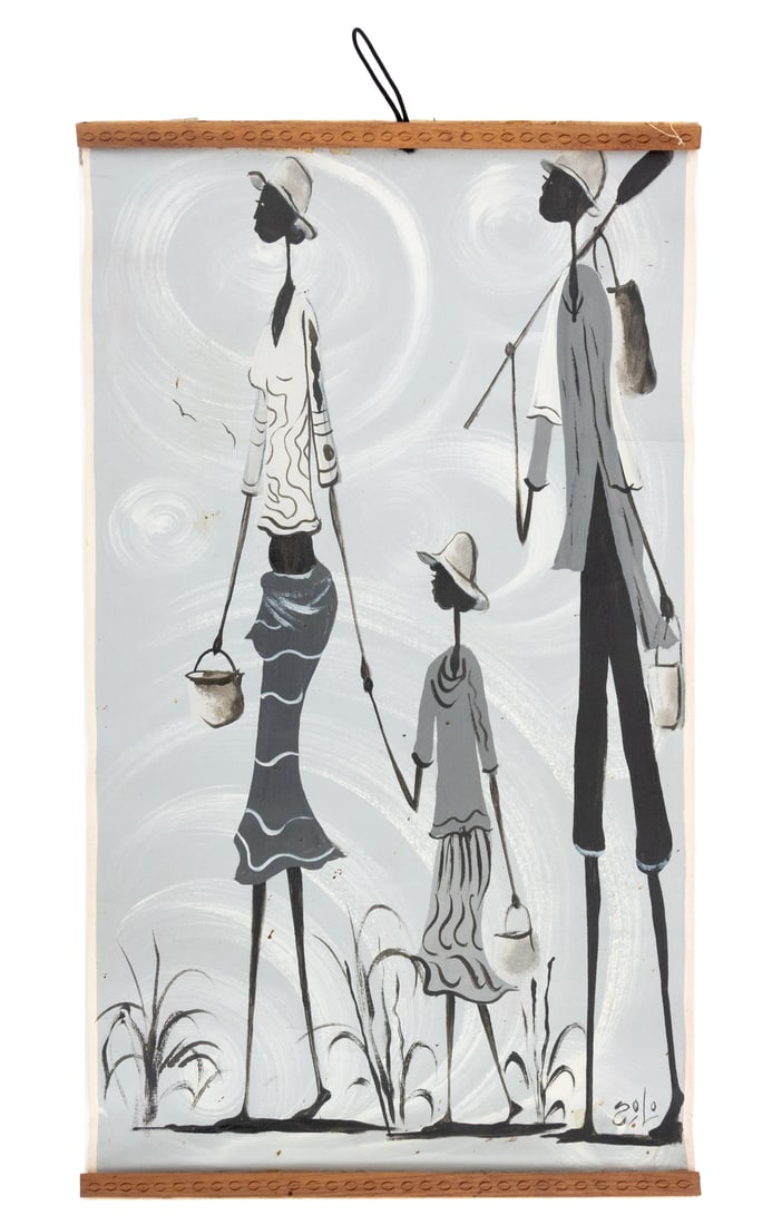 Solo Figural Group Composition Acrylic on Canvas: Solo (Haitian, XX-XXI), Figural Group Composition, Acrylic on Canvas, signed lower right, wooden mounts to top and bottom. Overall: 27.5" H x 15.5" W x 0.25" D. Provenance: From an 880 Fifth Avenue