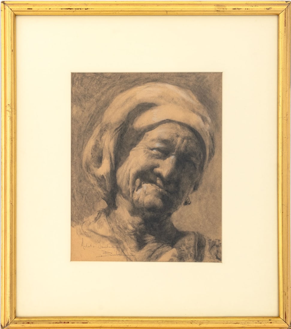 Michael Burban "Artist's Grandmother" Pencil: Michael Burban (American, XX-XXI), "Artist's Grandmother", Pencil on Paper with White Pastel Embellishments, signed and titled in pencil lower right, giltwood frame. Image: 9.5" H x 7.5" W; frame:
