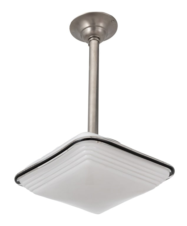 Art Deco Style Square Glass Pendant Lamp: Art Deco Style Square Glass Pendant Lamp, opaque white with clear and black rim, square shape. 19.5" H x 11" W x 11" D. Provenance: From a New York City Collection. Keywords: Lighting, Hanging light,