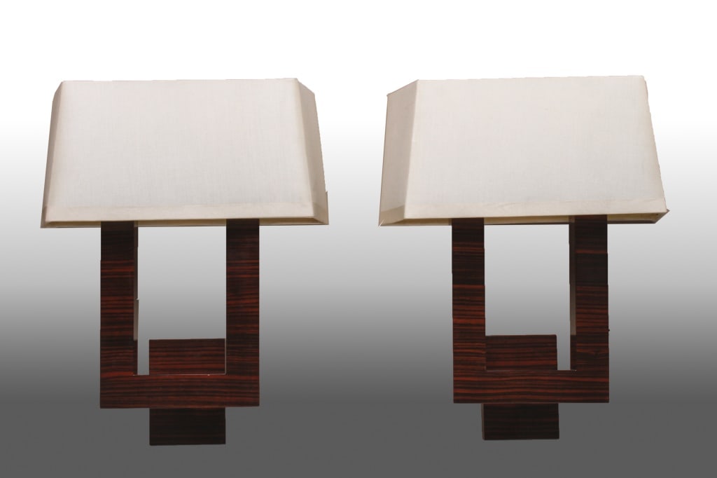 Sally Sirkin Lewis for J. Robert Scott Sconces, 2: Pair of Sally Sirkin Lewis for J. Robert Scott "Athena" Two-Arm Wall Sconces, wood veneer and chrome with silk shades, with "J. Robert Scott & Associates, Inc." paper label. 16" H x 7.5" W x 5.75" D;