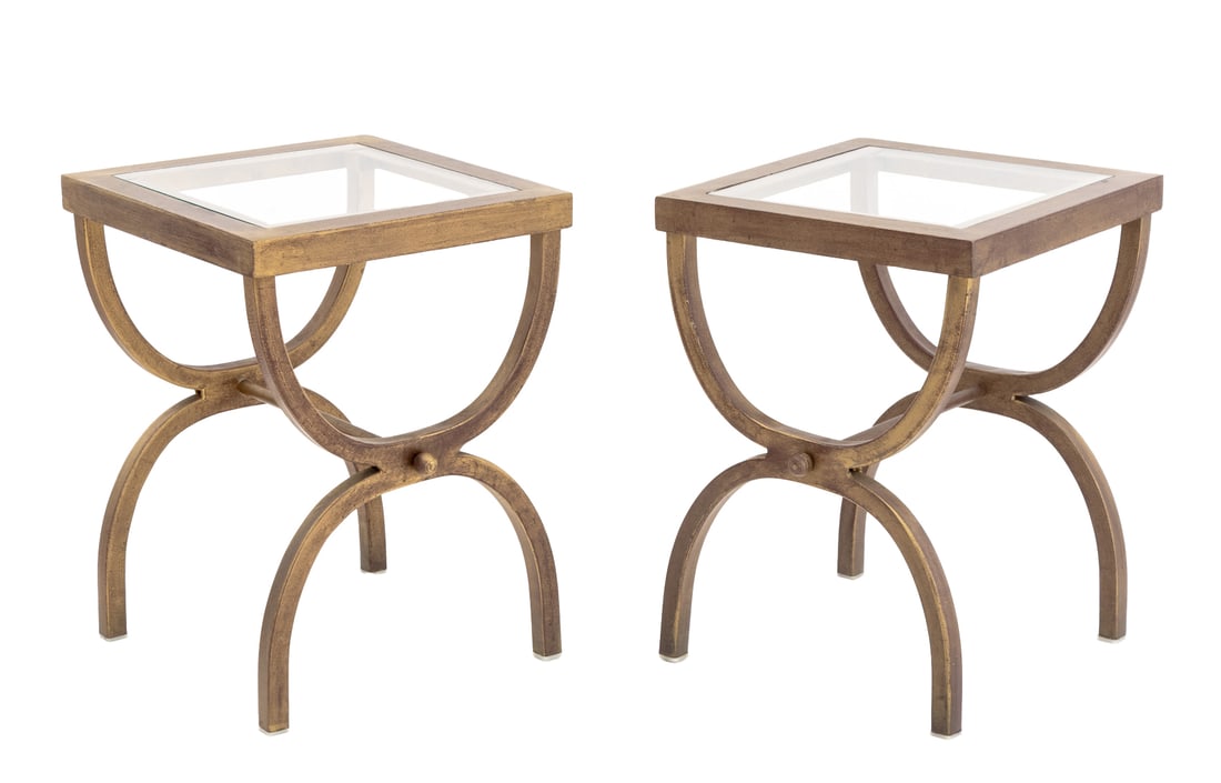 Gilt Wrought Iron Glass Top Side Tables, Pair (1 of 6)