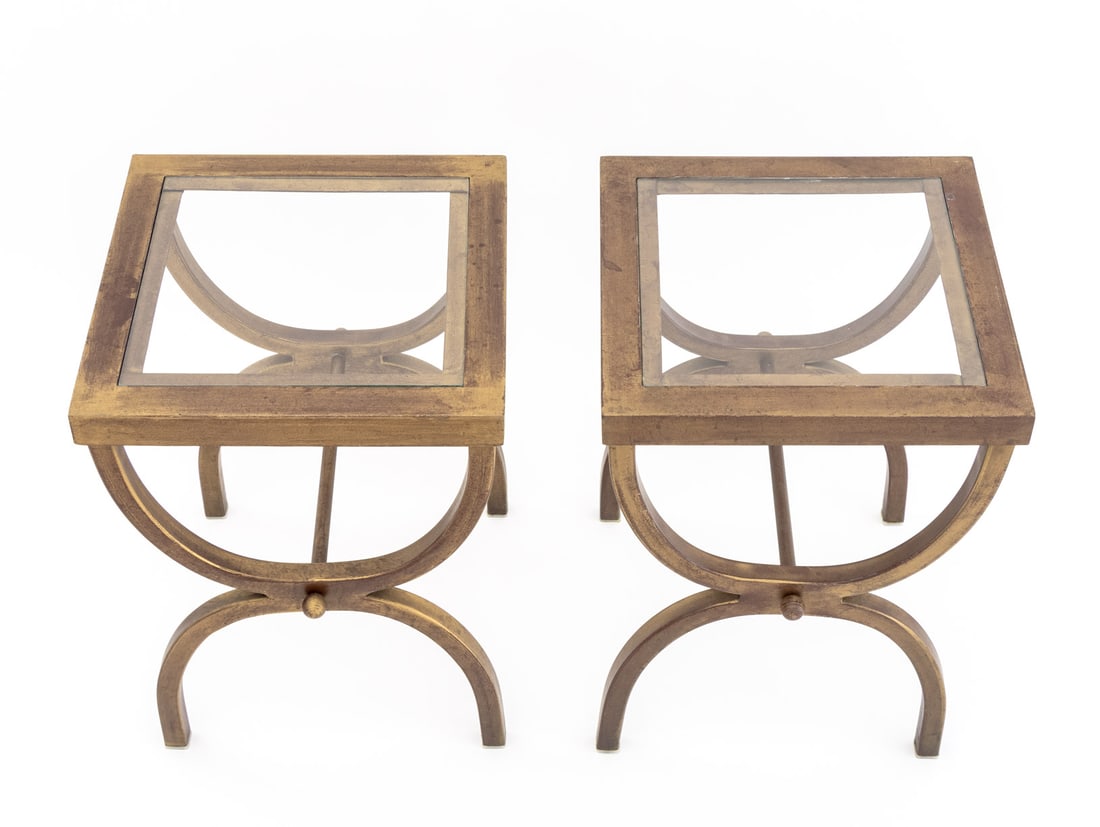 Gilt Wrought Iron Glass Top Side Tables, Pair - 3