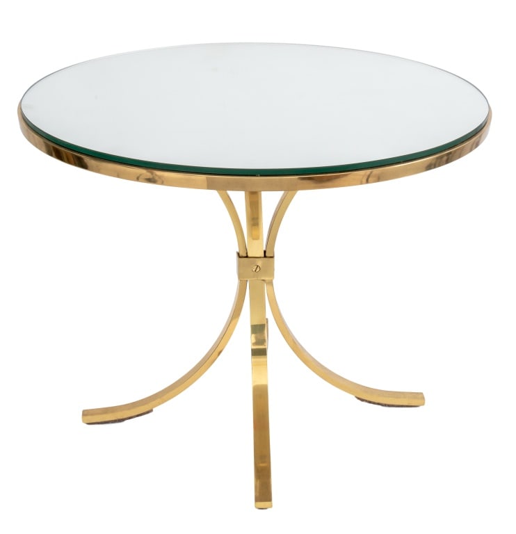 Roger Thibier Style Glass Top Brass Side Table: Roger Thibier Style Glass Top Brass Circular Side Table, on tripod supports. 16.75" H x 22" Diameter. Provenance: From a New York City Collection. Keywords: Modern Furniture, Mid-Century Modern, MCM,