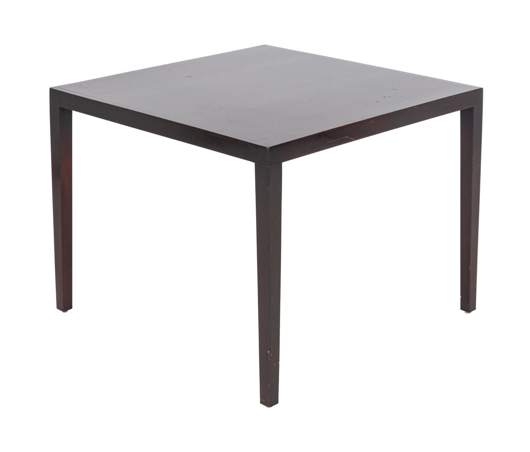 Dunbar Mid-Century Modern Mahogany Side Table: Dunbar Mid-Century Modern Mahogany Side Table, rectangular top on four supports, with "Dunbar, Berne - Indiana" label to the underside. 24.25" H x 32" W x 32" D. Provenance: From an East 81st Street