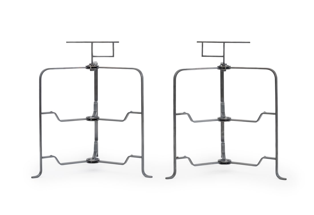 Ogata Two-Tier Folding Tray Stands, Pair: Pair of Ogata Patinated Metal Two-Tier Folding Tray Stands, with original boxes. 12" H x 10.25" W x 9" D. Provenance: From an East 53rd Street Collection. Keywords: Designer, Japanese, Tableware, Tea