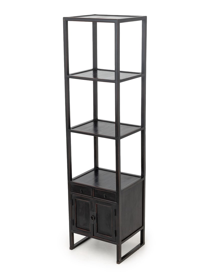 Modern Ebonized Wood Three-Tier Etagere: Modern Ebonized Wood Three-Tier Etagere, with three shelves above two shorts doors and two-door cabinet. 67" H x 17.25" W x 14.25" D. Provenance: From a 28 East 70th Street Penthouse Estate. Keywords: