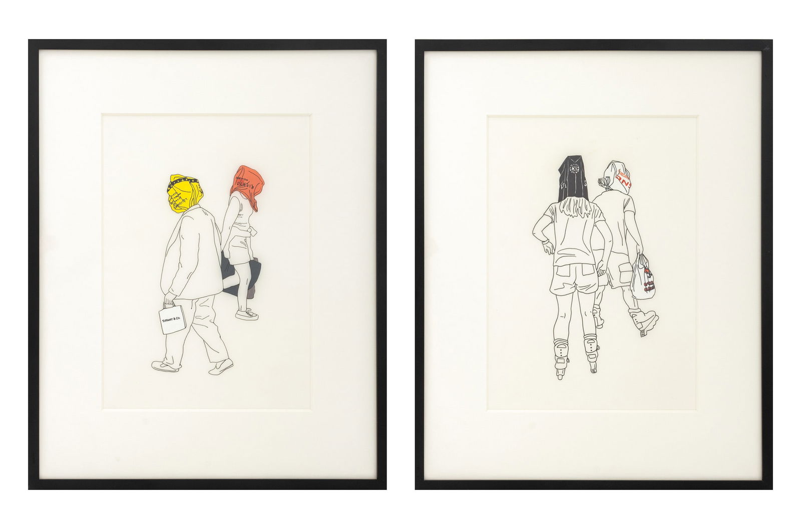 Ester Partegas Bags on Heads Illustrations, 2: Ester Partegas (Spanish, b. 1972), Two Scenes of People with Bags over their Heads, Ink on Paper, apparently unsigned, black frames. Each image: 13" H x 9" W; frame: 20" H x 16" W x 1.5" D.