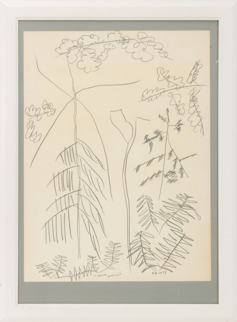 Fred Bull "Forest Spirits" Pencil on Paper, 1973: Fred Bull (American, b. 1942), "Forest Spirits", Pencil on Paper, 1973, signed and dated "FB 73" in pencil lower right, inscribed "To Melanie" and titled lower left, white frame. Image: 24" H x 18"