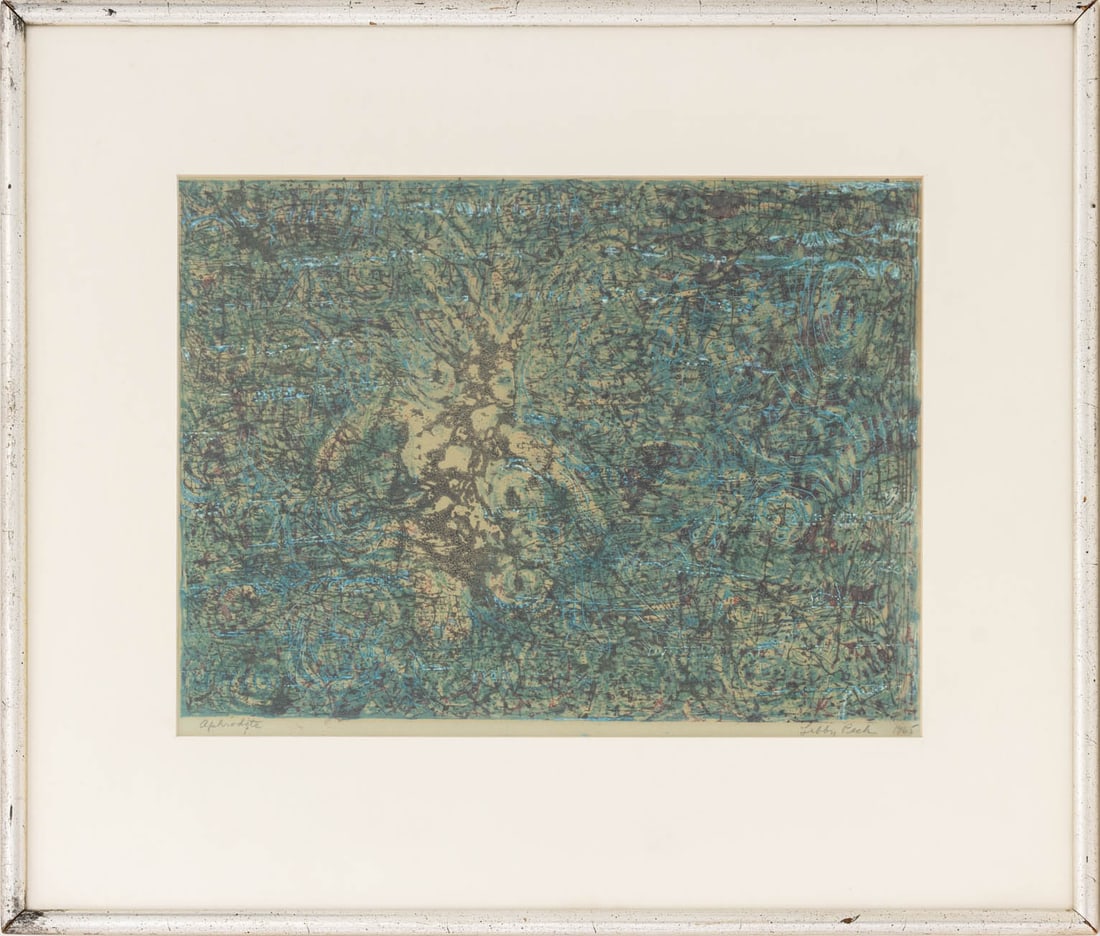 Libby Peck Golden "Aphrodite" Screenprint, 1965: Libby Peck Golden (American, b. 1913), "Aphrodite", Screenprint in Colors on Toned Paper, 1965, signed in pencil "Libby Peck" and dated lower right, titled lower left, silvered wood frame. Image: 11"