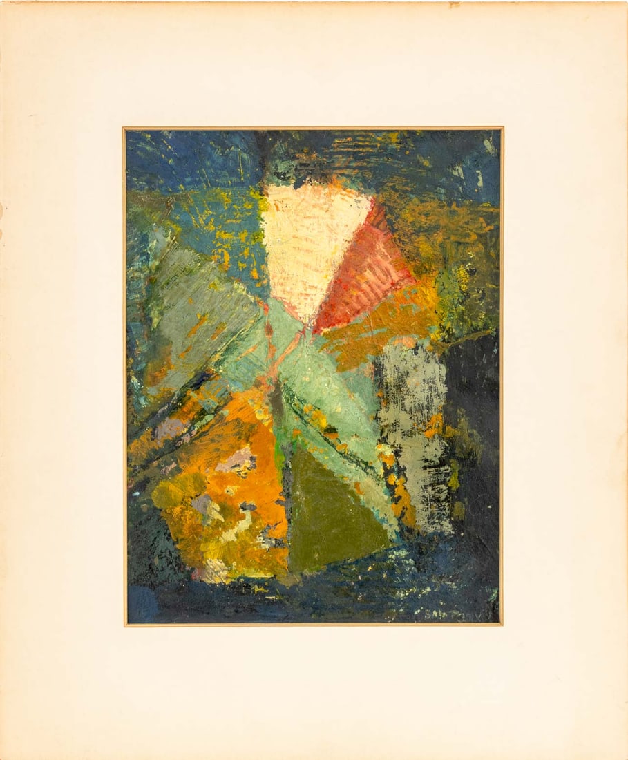 Signed Geometric Composition Mixed Media: 20th Century School, Geometric Composition, Mixed Media on Paper, signed "Santoux" lower right, unframed. Image: 10.5" H x 8' W; mat: 16.25" H x 13.5" W. Provenance: From the Collection of Laura and L