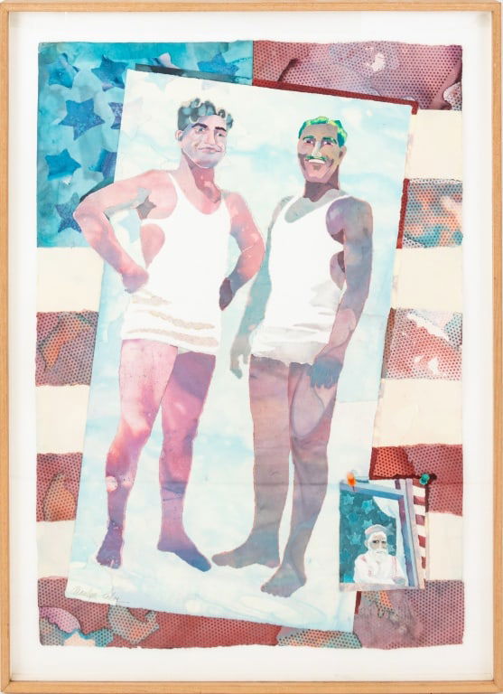 Marilyn Cohen Lifeguards Watercolor Collage: Marilyn Cohen (American, 1915-2006), Lifeguards, Watercolor on Paper with Collage Elements, signed in pencil lower left, stamped "Rank & Co. / Morgan Rank" to reverse, wood frame. Image: 45.5" H x