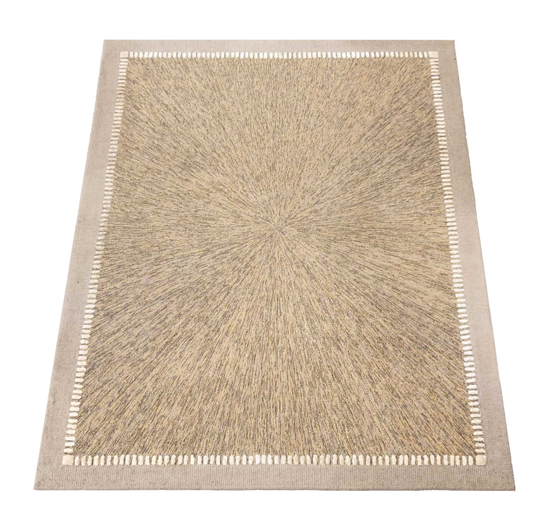 Martin Patrick Evan Ltd Gray Rug, 5' 4" x 4' 0.5": Martin Patrick Evan Ltd. Gray Minimalist Wool and Silk Rug, with white border, "Martin Patrick Evan Ltd" label to underside. 5' 4" L x 4' 0.5" W. Provenance: From a 28 East 70th Street Penthouse