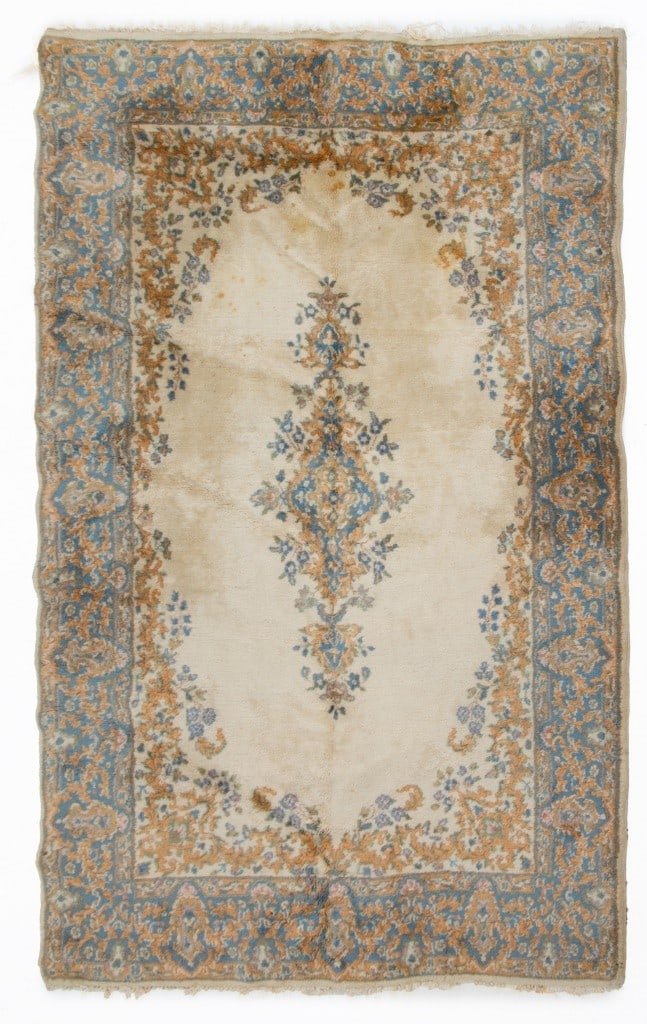 Kerman Wool Rug, 7' 9" x 4' 10": Kerman Beige and Blue Wool Rug. 7' 9" L x 4' 10" W. Provenance: Property from the Fifth Avenue residence of the MacArthur Family. Keywords: Carpet, Floor covering, Textile, Interior design,