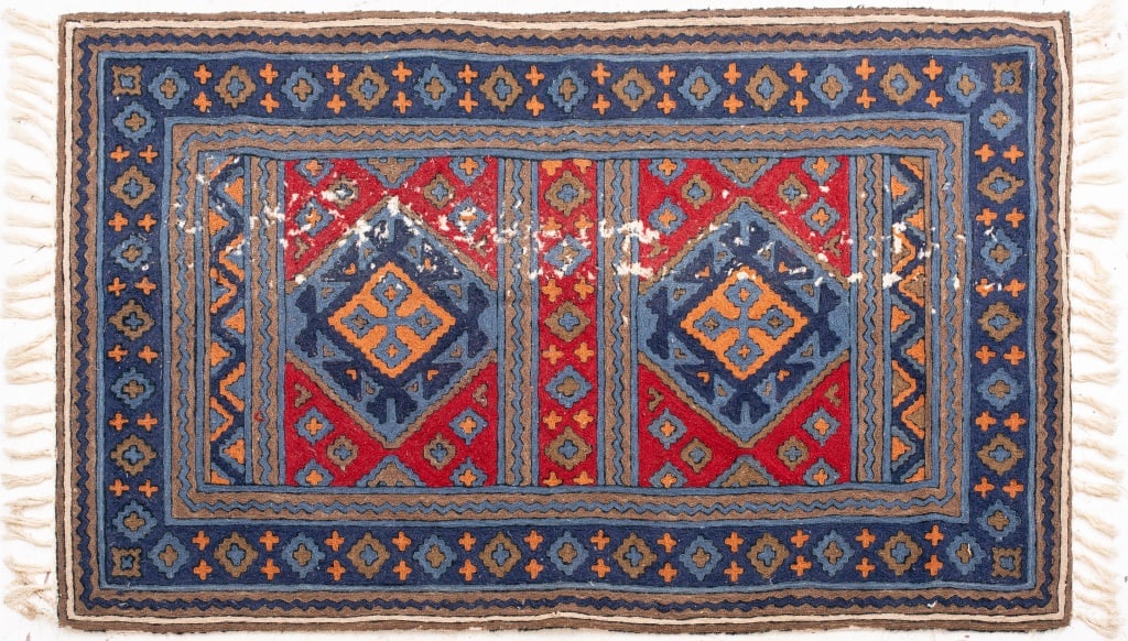 Mid-Century Tribal Flatweave Rug, 5' 2" x 3': Mid-Century Tribal Flat-Weave Rug, entire underside backed by cotton. 5' 2" L x 3' W. Provenance: From a New York City Collection. Keywords: Carpets, Textiles, Oriental rugs, Geometric pattern,