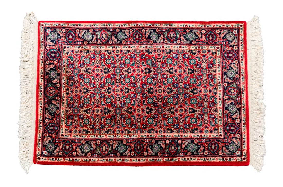 Persian Floral Motif Small Rug, 3' 6.5" x 2': Persian Floral Motif Small Rug, with fringe to each end. 3' 6.5" L x 2' 0.5" W. Provenance: From an East 81st Street New York City Estate. Keywords: Prayer Rug, Carpet, Floor covering, Textile, Wool,