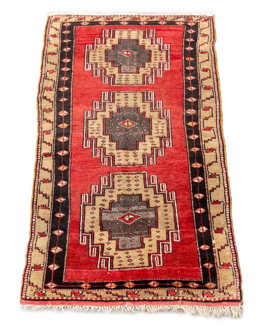 Turkish Malatya Rug, 6' 2" x 3' 3.5": Turkish Malatya Wool Rug, with geometric design in red, black, and beige. 6' 2" L x 3' 3.5" W. Provenance: From a 28 East 70th Street Penthouse Estate. Keywords: Floor covering, Carpet, Prayer rug,