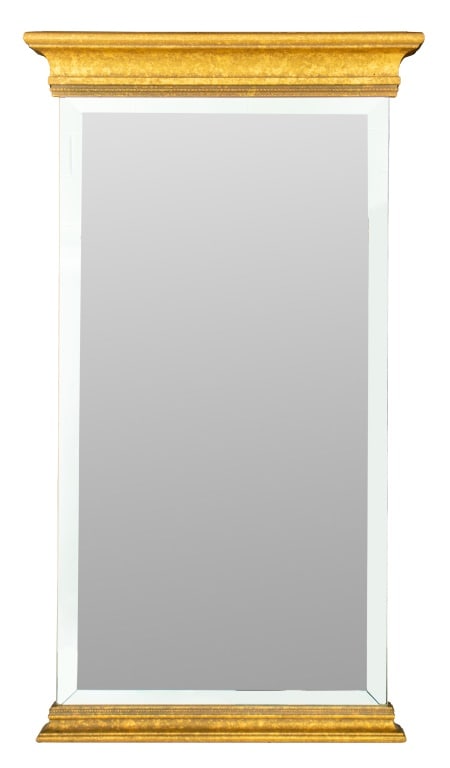 Neoclassical Style Giltwood Beveled Glass Mirror: Neoclassical Style Giltwood Beveled Glass Mirror, with carved molding to top and bottom. 34" H x 19" W. Provenance: From a New York City Collection. Keywords: Looking glass, Vanity, Wall mirror,