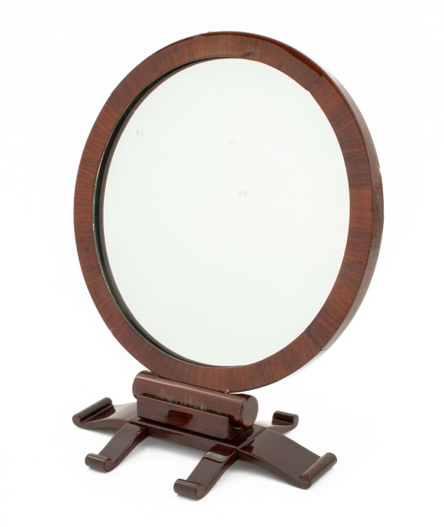 Art Deco Mahogany Circular Tabletop Mirror: Art Deco Mahogany Circular Table-Top Mirror, on adjustable mahogany stand. 14.5" H x 12.5" W x 7" D. Provenance: Philadelphia, Private Collection. Keywords: Looking glass, Dressing table mirror, Vanit