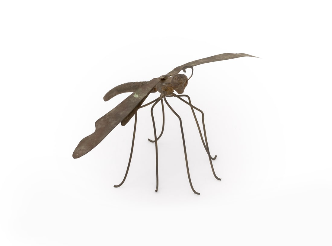 Folk Art Patinated Copper Mosquito Sculpture: Folk Art Patinated Copper Mosquito Sculpture. 4" H x 9.75" W x 5.25" D. Provenance: From a Chelsea Townhouse. Keywords: Statue, Figurine, Insects, Animalier, Handmade, Rustic, Metalwork, Vintage,