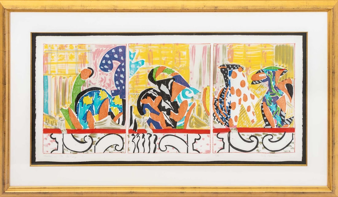 Betty Woodman "Ladies on the Balcony", 1994: Betty Woodman (American, 1930-2018), "Ladies on the Balcony", Woodblock Print in Colors, 1994, signed in pencil, numbered edition "20/30" lower right, titled and dated lower left, giltwood frame. Imag