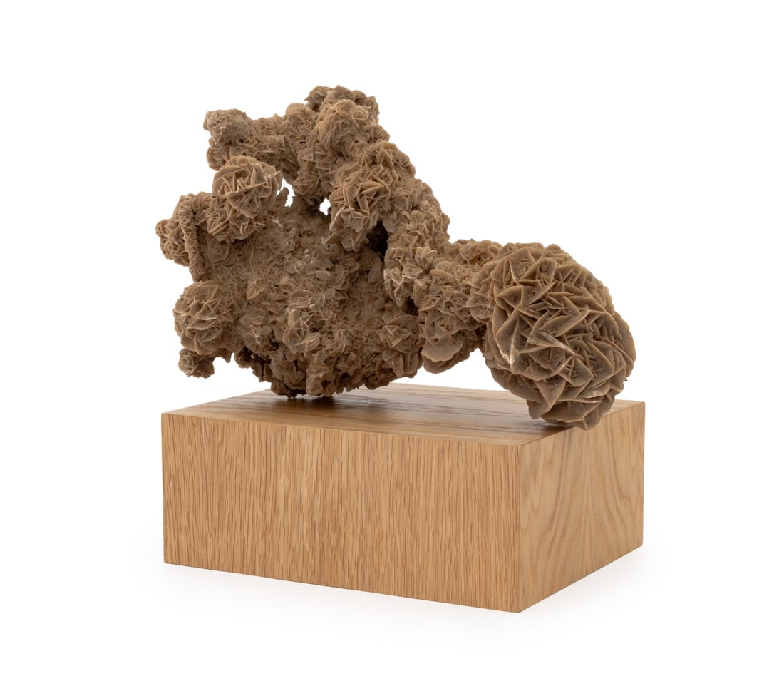 Desert Rose Selenite Mineral Specimen: Desert Rose Selenite Mineral Specimen, on an oak wood plinth. 14.75" H x 17" W x 14" D. Provenance: From an East 53rd Street Collection. Keywords: Mineral specimens, Gemology, Geology, Gypsum,