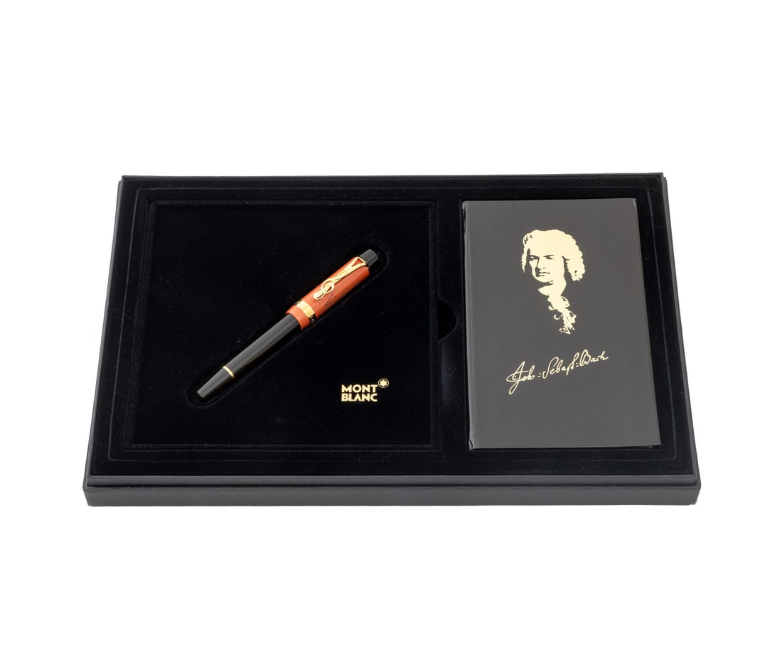 Montblanc Johann Sebastian Bach Fountain Pen: Montblanc Meisterstuck Johann Sebastian Bach Limited Edition Fountain Pen, with 18K yellow gold nib, black and orange resin case and gold-plated music note clip and ferrules, numbered limited edition