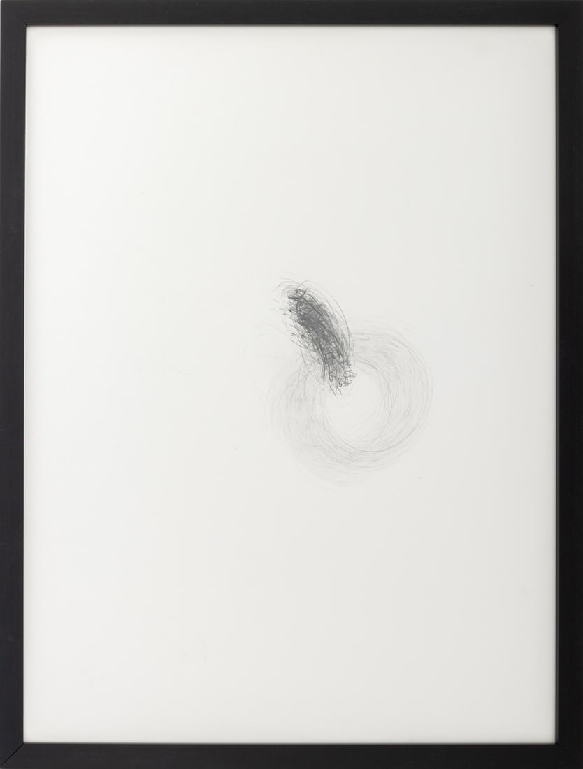 Alan Saret "Entered O Cast-In" Graphite, 1983: Alan Saret (American, b. 1944), "Entered O Cast-In", Graphite on Paper, 1983, signed in pencil, titled, dated, and numbered "23/50" verso, ebonized wood frame. Image: 22" H x 29.75" W; frame: 24" H x