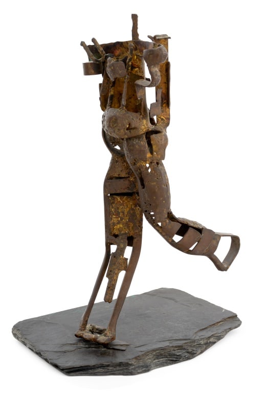 Abbott Pattison Running Figure Bronze Sculpture: Abbott Pattison (American, 1916-1999) Abstract Running Figure Patinated Bronze Sculpture, on a slate stone plinth, apparently unsigned. Overall: 25" H x 17.5" W x 11.5" D. Provenance: From a 5th Avenu