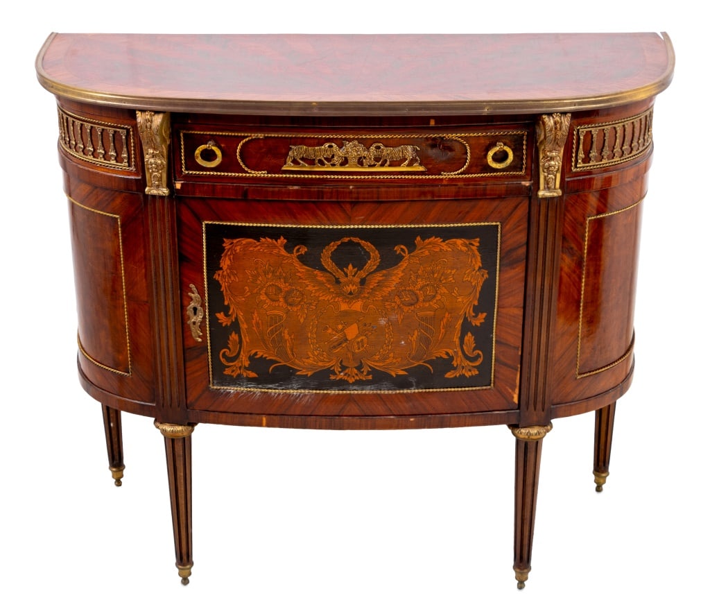 Louis XVI Style Gilt Metal and Kingwood Commode: Louis XVI Style Gilt Metal Mounted Kingwood Parquetry and Penwork Marquetry Demilune Commode, 20th century, the parquetry inlaid top above a frieze drawer and cupboard below on fluted tapering legs on