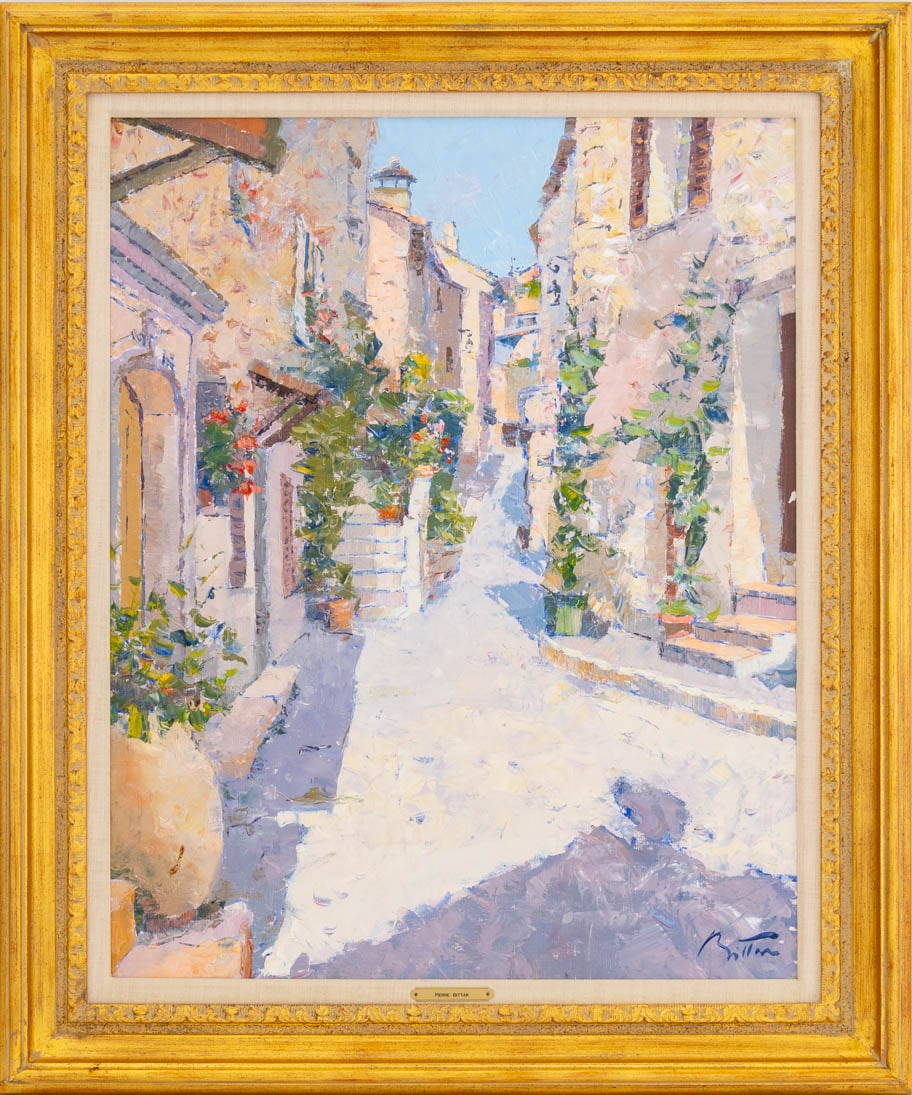 Pierre Bittar "Village Mediterranee" Oil on Canvas: Pierre Bittar (French, b. 1934), "Village Mediterranee", Oil on Canvas, signed lower right, Wally Findlay Galleries label verso, giltwood frame. Image: 31.25" H x 25" W; frame: 39.5" H x 33" W x 2"