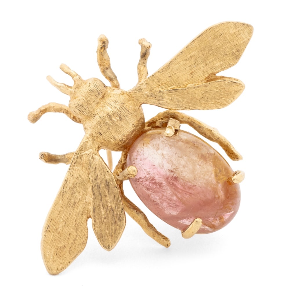 14K Yellow Gold Tourmaline Bee Form Brooch: 14K Yellow Gold Tourmaline Bee Form Brooch, featuring one pink tourmaline cabochon weighing approx, 5.85 carats, designed as a bee with brushed gold head, wings and legs and gemstone body, worn throug