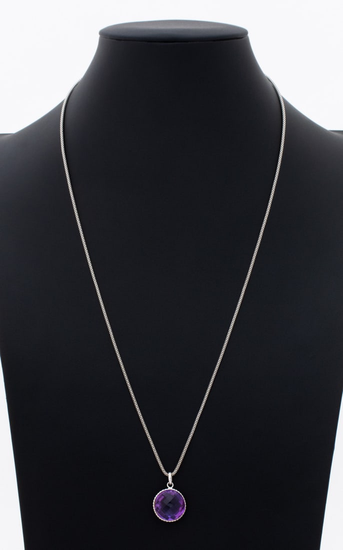 14K White Gold Amethyst Pendant Necklace: 14K White Gold Amethyst Pendant Necklace, featuring one detachable pendant decorated with one bezel set round rose cut amethyst weighing approx. 5.85 carats, worn on link chain joined by lobster claw