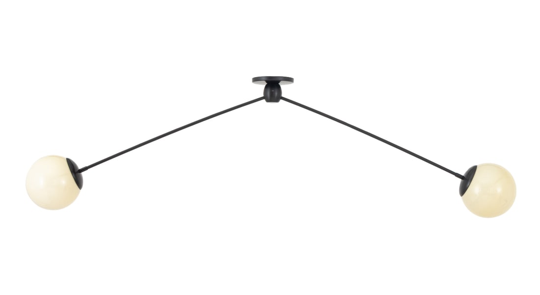 Jason Miller x Roll & Hill "Modo Linear" Pendant: Jason Miller for Roll and Hill "Modo Linear" Pendant Lamp, the patinated black aluminum support with two white glass shades, with "Roll and Hill / MODP2" label. 16" H x 55" W x 6.5" D. Provenance: Fro