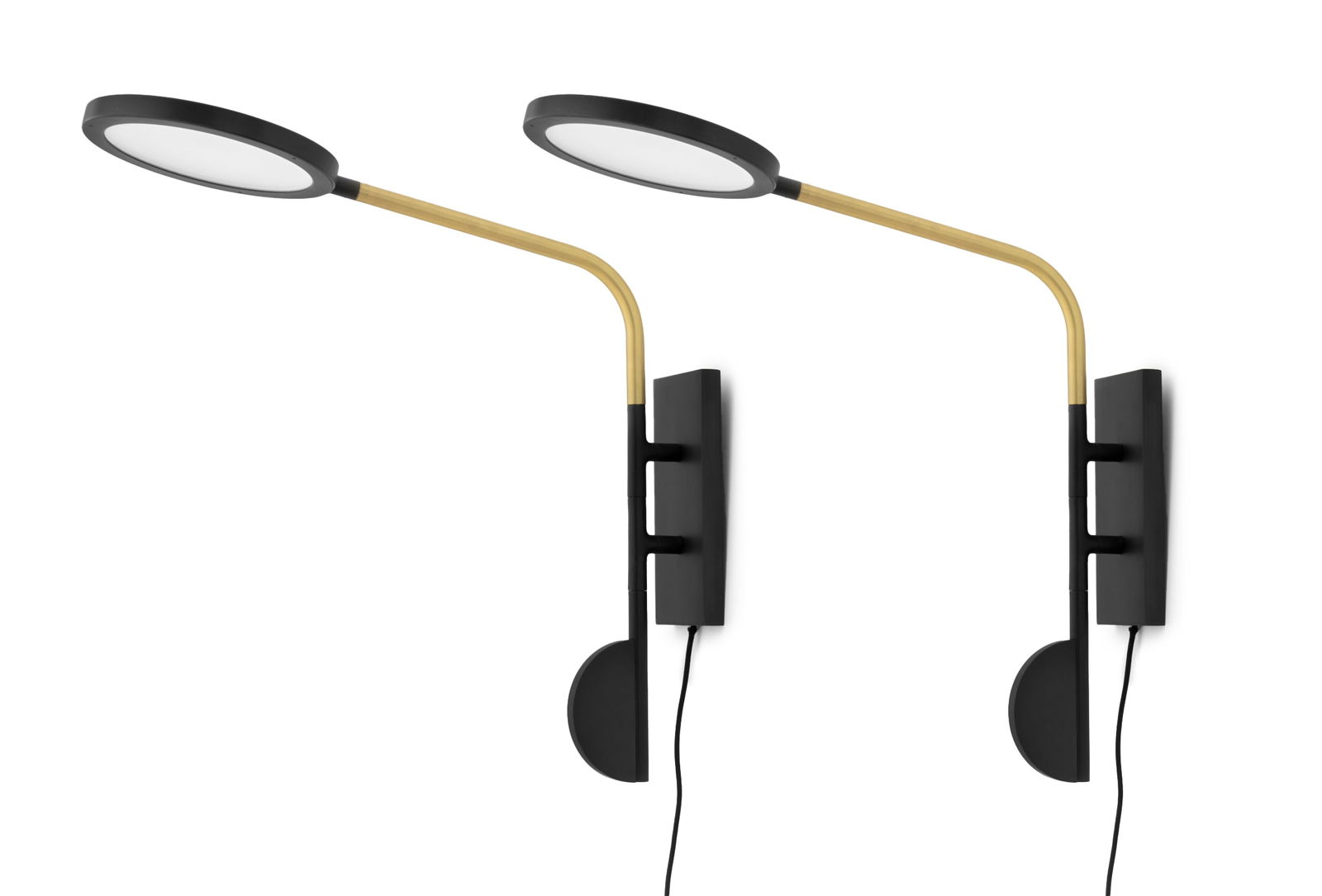 Discus Adjustable Wall Sconces, Pair: Pair of Discus Adjustable Wall Sconces. Each: 26" H x 9.5" W x 4.25" D. Provenance: From a New York City Collection. Keywords: Contemporary design, Lighting, Fixtures, Wall sconce, Wall-mounted lamps,