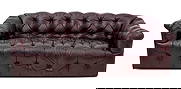 Chesterfield Burgundy Leather Button-Tufted Sofa: Chesterfield Burgundy Leather Button Down Two-Seat Sofa. 33" H x 81" W x 40" D; seat: 17.5" H. Provenance: From a Park Avenue Collection. Keywords: Vintage Furniture, Seating, Couch, Loveseat, Upholst