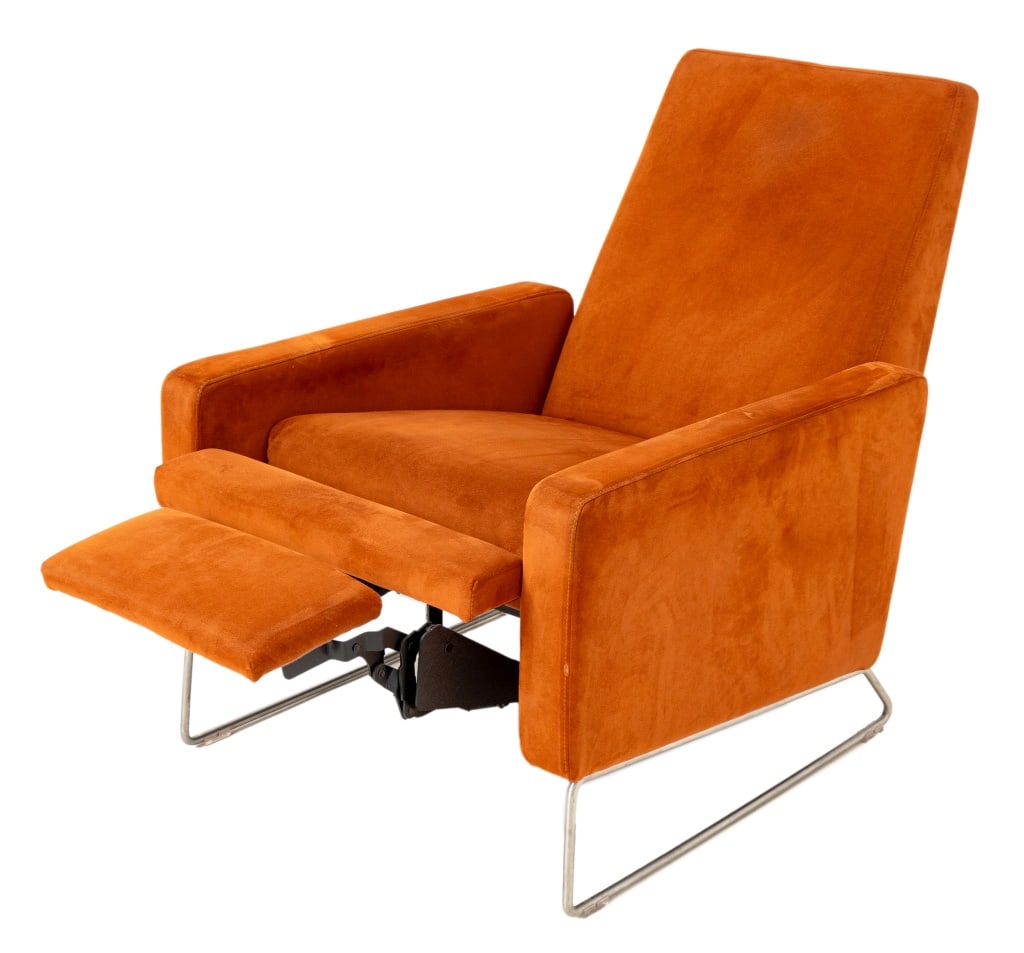 Bernett & Dodziuk "Flight Recliner" Lounge Chair: Jeffrey Bernett and Nicholas Dodziuk for Design Within Reach "Flight Recliner" Lounge Chair, upholstered in rust orange fabric, paper label to underside. 36.5" H x 27.5" W x 30.5" D; reclined: 60" D;