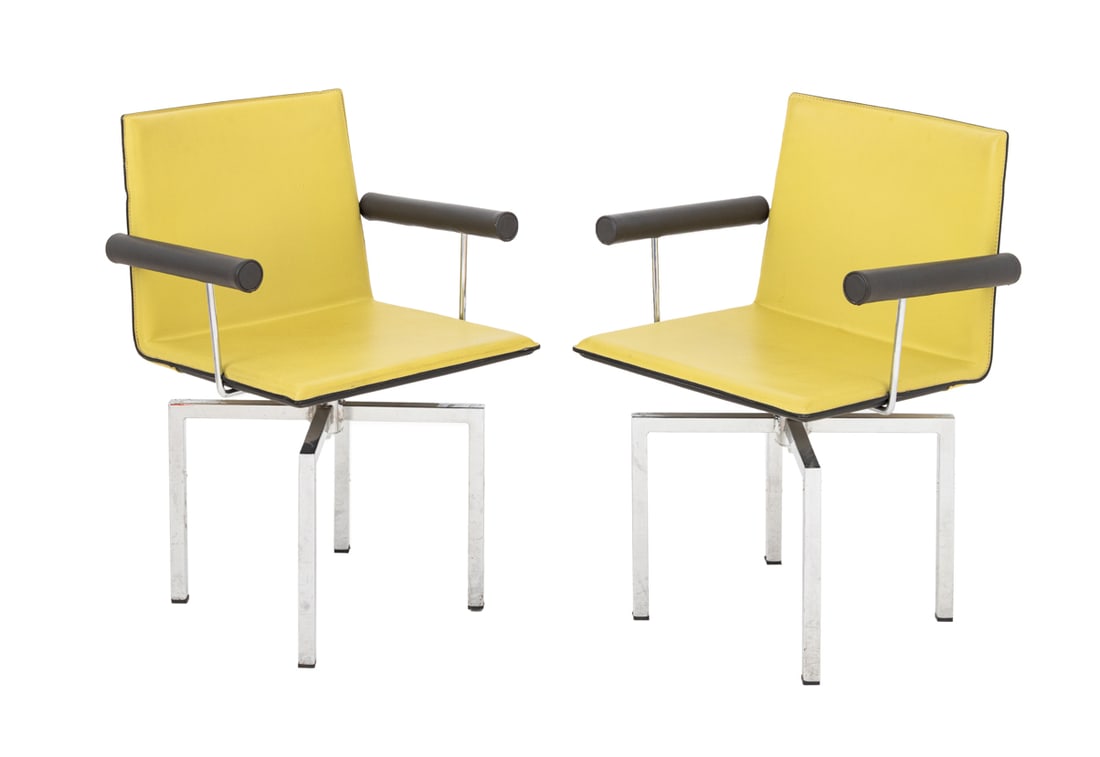 Giorgio Saporiti x Il Loft Swivel Armchairs, Pair: Pair of Giorgio Saporiti for Il Loft Green Leather Swivel Arm Chairs, atop chrome-plated tubular legs. 30.25" H x 22.5" W x 18.25" D; seat: 18" H. Provenance: From a Vintage Collection of Italian