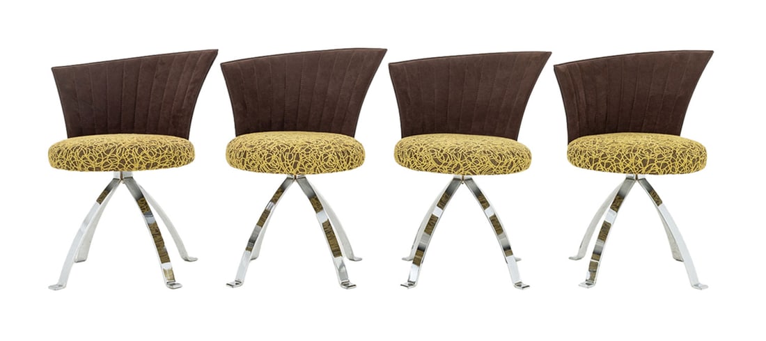Giorgio Saporiti for Il Loft Swivel Chairs, 4: Set of Four Giorgio Saporiti for Il Loft Swivel Chairs, each with chocolate brown suede upholstered assymetrical back and green print fabric seat atop four steel legs, labels to undersides. 30.75" H
