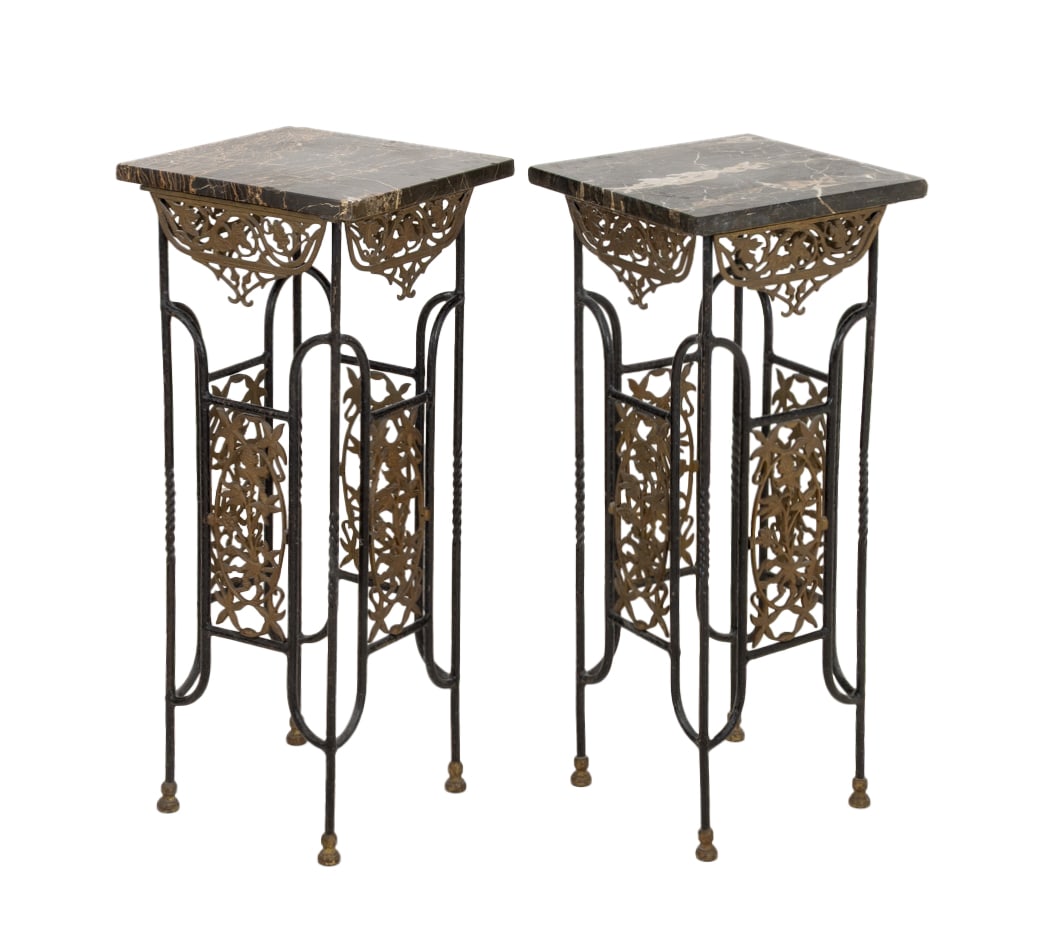 Brandt Style Wrought Iron & Marble Pedestals, Pair: Pair of Edgar Brandt Style Wrought Iron Marble Top Pedestals, with square nero portoro marble tops above pierced brass floral panel and four twist form legs on circular feet. 34" H x 14" W x 14" D.
