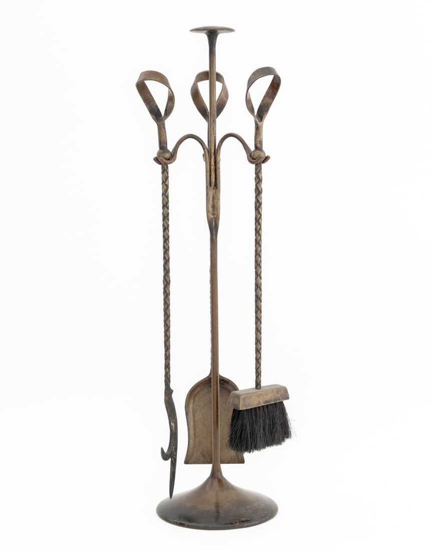 Carl Gillberg Bronze Fireplace Tools, 4: Carl Gillberg Set of Bronze Fireplace Tools, with braided ribbon form handles, comprising: shovel, poker, brush, and stand on circular base, stamped on base. 39.5" H x 13" Diameter. Provenance: From