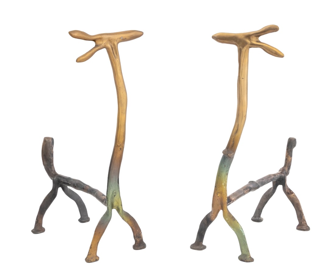 Carl Gillberg Modernist Gilt Bronze Andirons, Pair: Pair of Carl Gillberg Modernist Gilt Bronze Andirons, signed to one foot. 24" H x 8" W x 15" D. Provenance: From a 28 East 70th Street Penthouse Estate. Keywords: Fireplace Accessories, Hearth,