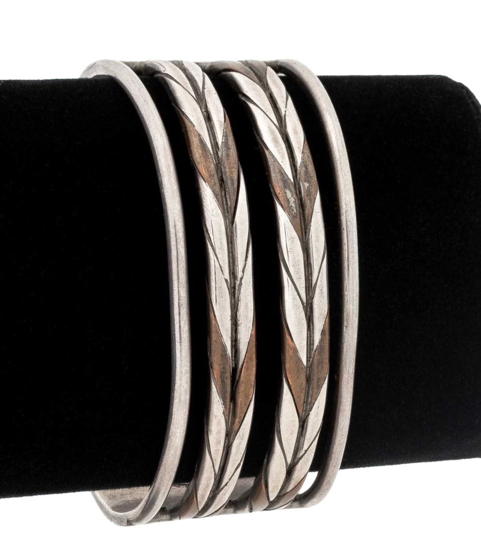 William Spratling Sterling Silver and Copper Cuff: William Spratling Sterling Silver and Copper Cuff Bracelet, designed as woven silver bands decorated with copper, worn over the wrist without clasp, marked: "WS logo, SPRATLING MADE IN MEXICO