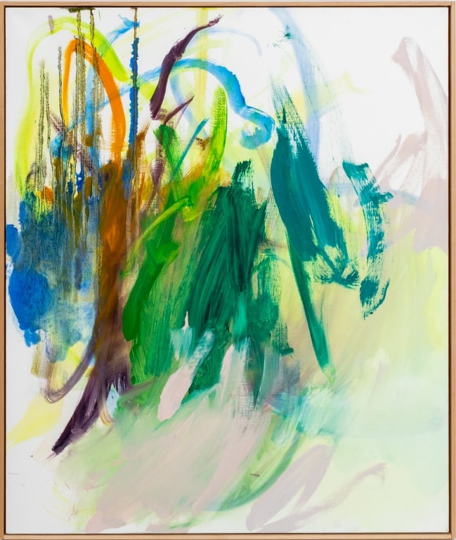 Robert O'Meara Abstract Composition Oil on Canvas: Robert O'Meara (American, 1957-2024), Abstract Composition in Green, Blue, and Orange, Oil on Canvas, apparently unsigned, wood frame. Image: 32" H x 27" W; frame: 32.75" H x 27.75" W. Provenance: