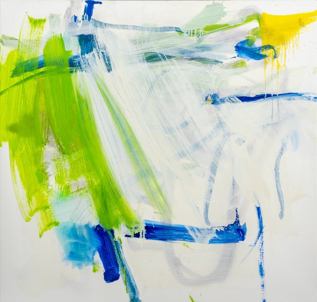 Robert O'Meara Abstract Composition Oil on Canvas: Robert O'Meara (American, 1957-2024), Abstract Composition in Lime Green, Yellow, and Blue, Oil on Canvas, unsigned, unframed. 23" H x 24" W. Provenance: From a 333 East 75th Street Estate. Keywords: