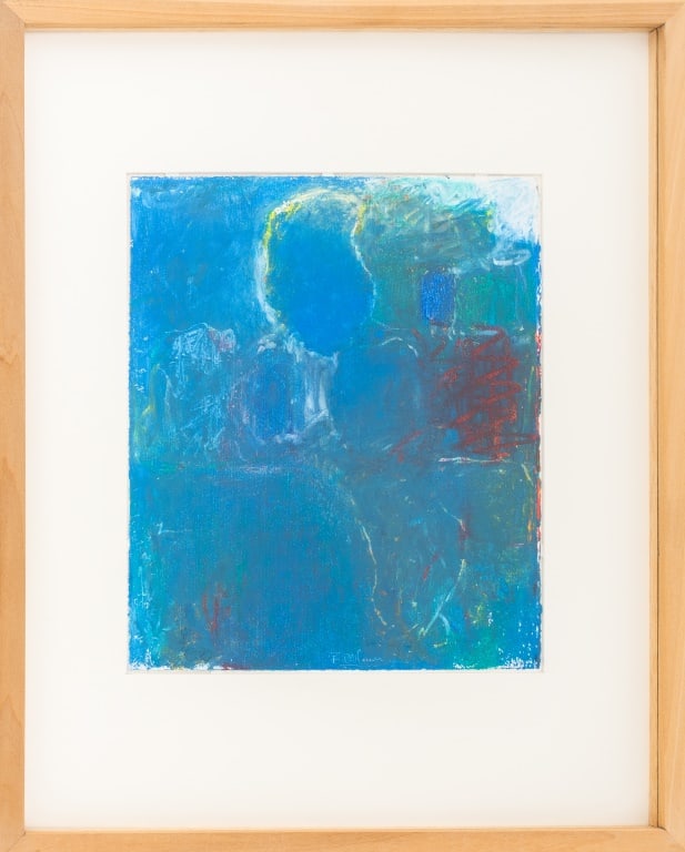 Robert O'Meara Abstract Composition in Blue Pastel: Robert O'Meara (American, 1957-2024), Abstract Composition in Blue, Oil Pastel on Paper, signed lower center, wood frame. Image: 12" H x 10" W; frame: 20.5" H x 16.5" W. Provenance: From a 333 East