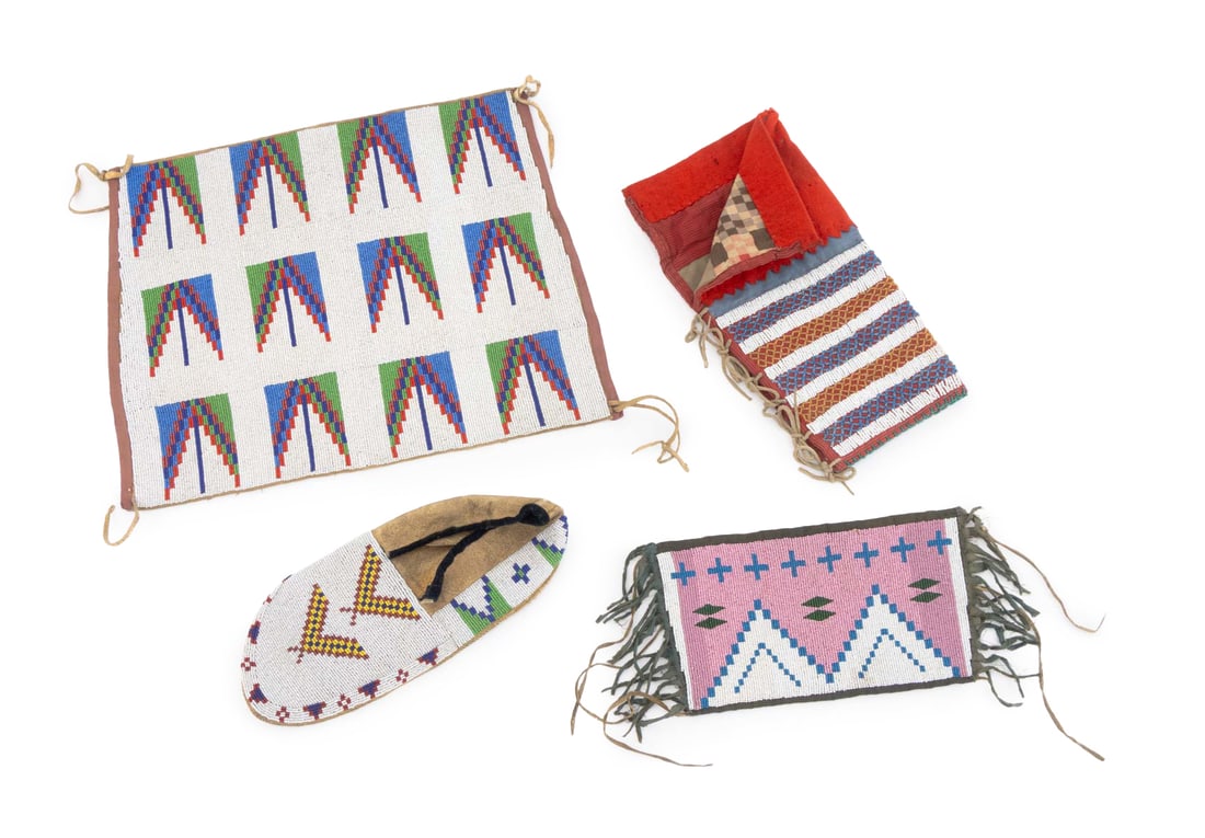 Sioux Polychrome Glass Beaded Articles, 4: Collection of Four Sioux Polychrome Glass Beaded Articles, comprising: a Sioux rectangular green, red, white, and blue beaded panel, a smaller pink, blue, white, and green panel, a single moccasin, an