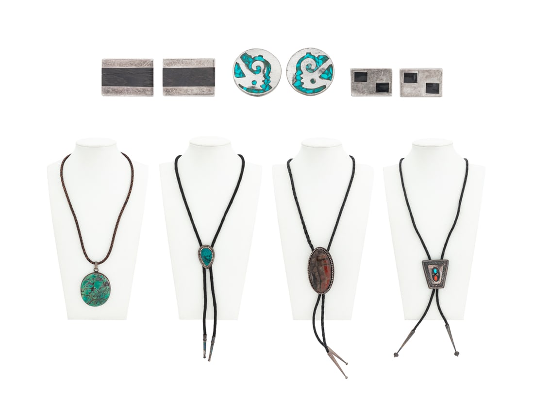 Navajo Dine, Etc. Silver Bolo Ties & Cufflinks, 7: Collection of Seven Sterling Silver Bolo Ties and Cufflinks, four bolo ties and three pairs of cufflinks, comprising: rectangular cufflinks with black stone stamped with "Taxco Mexico 925" marks, rect