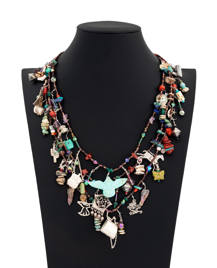 Zuni Silver Triple Strand Gemstone Fetish Necklace: Zuni Silver Three Strand Multi-Gemstone Fetish Necklace, with conical silver terminals and hook clasp, beads comprised of: turquoise, lapis lazuli, coral, abalone, Keshi pearls, among others. Various