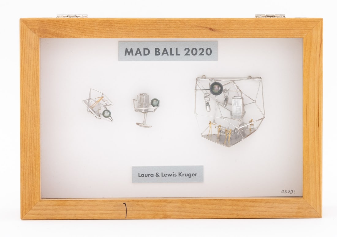 Asagi Meada 2020 Mad Ball Art Jewelry, 3 Pcs.: Asagi Meada (Japanese, b. 1977) Three 2020 Mad Ball Art Jewelry Pieces, comprising: pair of silver architectural cufflinks, marked "Silver" and signed "asagi", and silver and 18K yellow gold architect